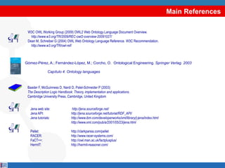 Main References

 W3C OWL Working Group (2009) OWL2 Web Ontology Language Document Overview.
   http://www.w3.org/TR/2009/REC-owl2-overview-20091027/
 Dean M, Schreiber G (2004) OWL Web Ontology Language Reference. W3C Recommendation.
   http://www.w3.org/TR/owl-ref/



Gómez-Pérez, A.; Fernández-López, M.; Corcho, O. Ontological Engineering. Springer Verlag. 2003

               Capítulo 4: Ontology languages



 Baader F, McGuinness D, Nardi D, Patel-Schneider P (2003)
 The Description Logic Handbook: Theory, implementation and applications.
 Cambridge University Press, Cambridge, United Kingdom


   Jena web site:              http://jena.sourceforge.net/
   Jena API:                   http://jena.sourceforge.net/tutorial/RDF_API/
   Jena tutorials:             http://www.ibm.com/developerworks/xml/library/j-jena/index.html
                               http://www.xml.com/pub/a/2001/05/23/jena.html

   Pellet:                     http://clarkparsia.com/pellet
   RACER:                      http://www.racer-systems.com/
   FaCT++:                     http://owl.man.ac.uk/factplusplus/
   HermIT:                     http://hermit-reasoner.com/
 