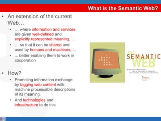 What is the Semantic Web?
• An extension of the current
  Web…
   • … where information and services
     are given well-defined and
     explicitly represented meaning, …
   • … so that it can be shared and
     used by humans and machines, ...
   • ... better enabling them to work in
     cooperation


• How?
   • Promoting information exchange
     by tagging web content with
     machine processable descriptions
     of its meaning.
   • And technologies and
     infrastructure to do this
 