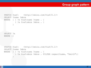 Group graph pattern


PREFIX foaf:    <http://xmlns.com/foaf/0.1/>
SELECT ?name ?mbox
WHERE { { ?x foaf:name ?name . }
         { ?x foaf:mbox ?mbox . }
       }



SELECT ?x
WHERE {}




PREFIX foaf:    <http://xmlns.com/foaf/0.1/>
SELECT ?name ?mbox
WHERE { { ?x foaf:name ?name . }
         { ?x foaf:mbox ?mbox . FILTER regex(?name, "Smith")}
       }



                                                                87
 