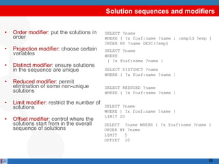 Solution sequences and modifiers


•   Order modifier: put the solutions in     SELECT ?name
    order                                    WHERE { ?x foaf:name ?name ; :empId ?emp }
                                             ORDER BY ?name DESC(?emp)
•   Projection modifier: choose certain      SELECT ?name
    variables                                WHERE
                                              { ?x foaf:name ?name }
•   Distinct modifier: ensure solutions
    in the sequence are unique               SELECT DISTINCT ?name
                                             WHERE { ?x foaf:name ?name }
•   Reduced modifier: permit
    elimination of some non-unique           SELECT REDUCED ?name
    solutions                                WHERE { ?x foaf:name ?name }

•   Limit modifier: restrict the number of
    solutions                                SELECT ?name
                                             WHERE { ?x foaf:name ?name }
                                             LIMIT 20
•   Offset modifier: control where the
    solutions start from in the overall      SELECT ?name WHERE { ?x foaf:name ?name }
    sequence of solutions                    ORDER BY ?name
                                             LIMIT   5
                                             OFFSET 10



                                                                                     95
 