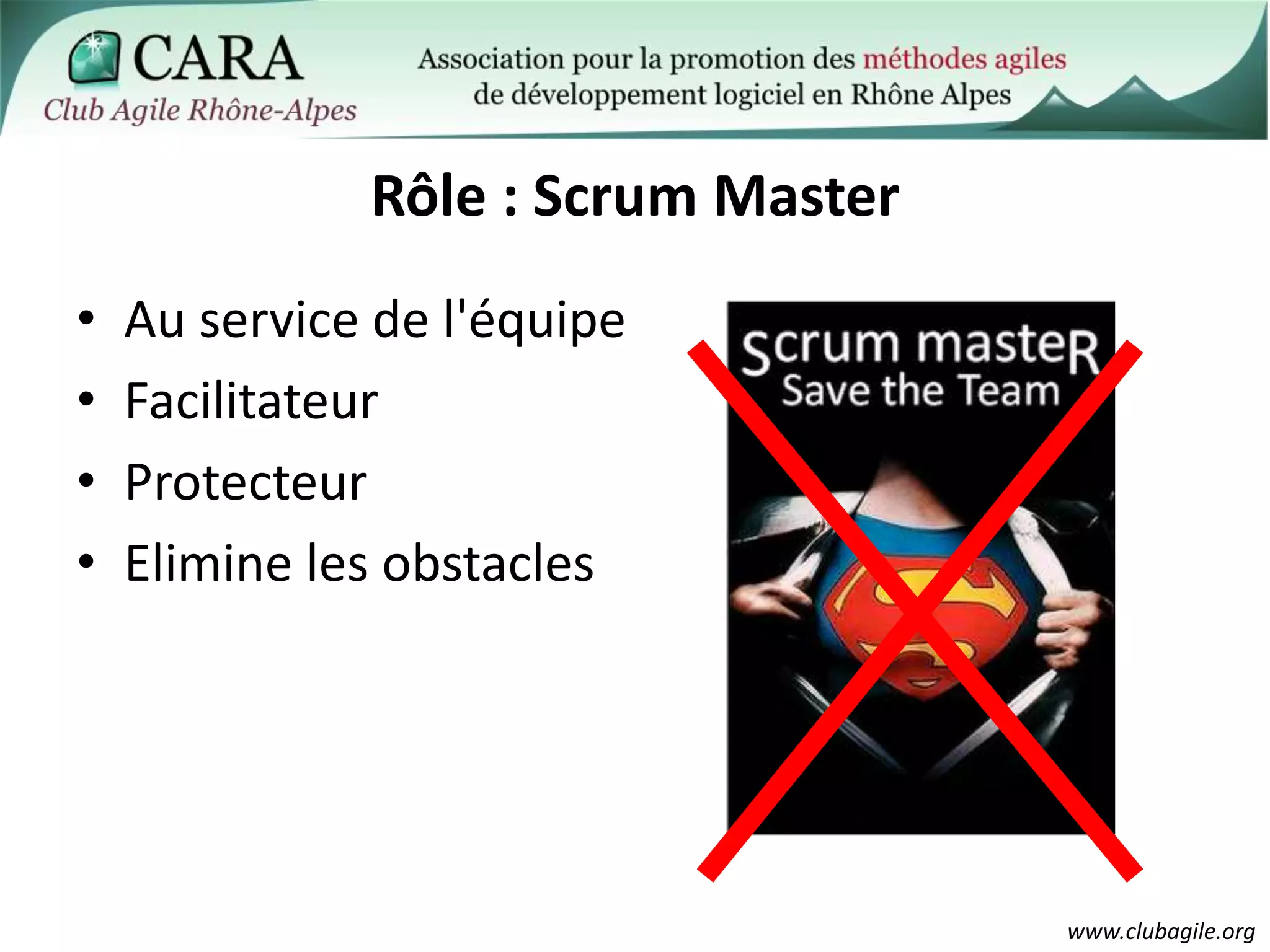 Rôle : Scrum MasterAu service de l'équipeFacilitateurProtecteurElimine les obstacles