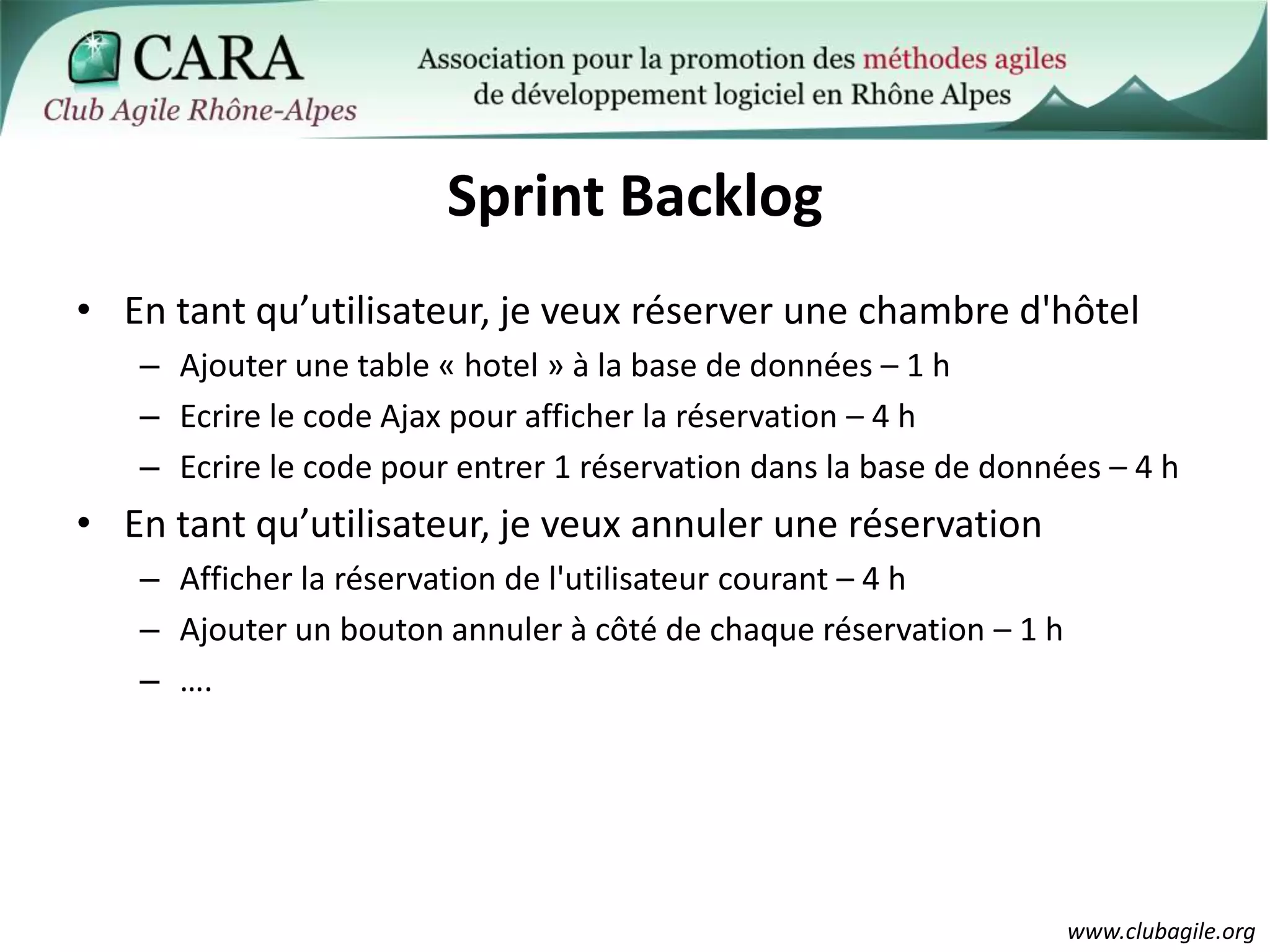 Sprint BacklogEn tant qu’utilisateur, je veux réserver une chambre d'hôtelAjouter une table « hotel » à la base de données – 1 hEcrire le code Ajax pour afficher la réservation – 4 hEcrire le code pour entrer 1 réservation dans la base de données – 4 hEn tant qu’utilisateur, je veux annuler une réservationAfficher la réservation de l'utilisateur courant – 4 hAjouter un bouton annuler à côté de chaque réservation – 1 h….