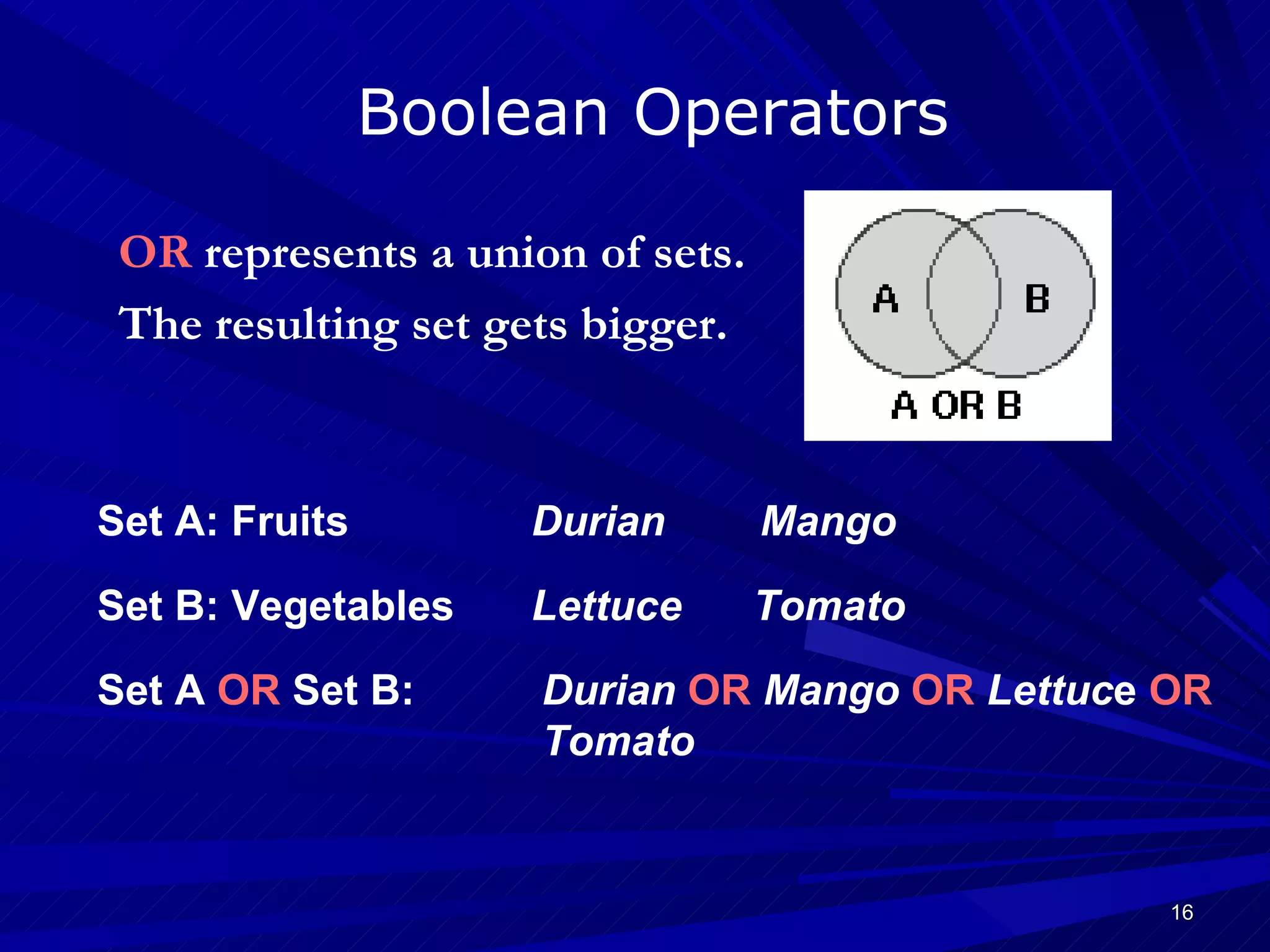Boolean Operators OR   represents a union of sets. The resulting set gets bigger. Set A: Fruits Durian   OR   Mango  OR   Lettuc e  OR  Tomato   Durian  Mango Set B: Vegetables Lettuce  Tomato Set A  OR  Set B:  