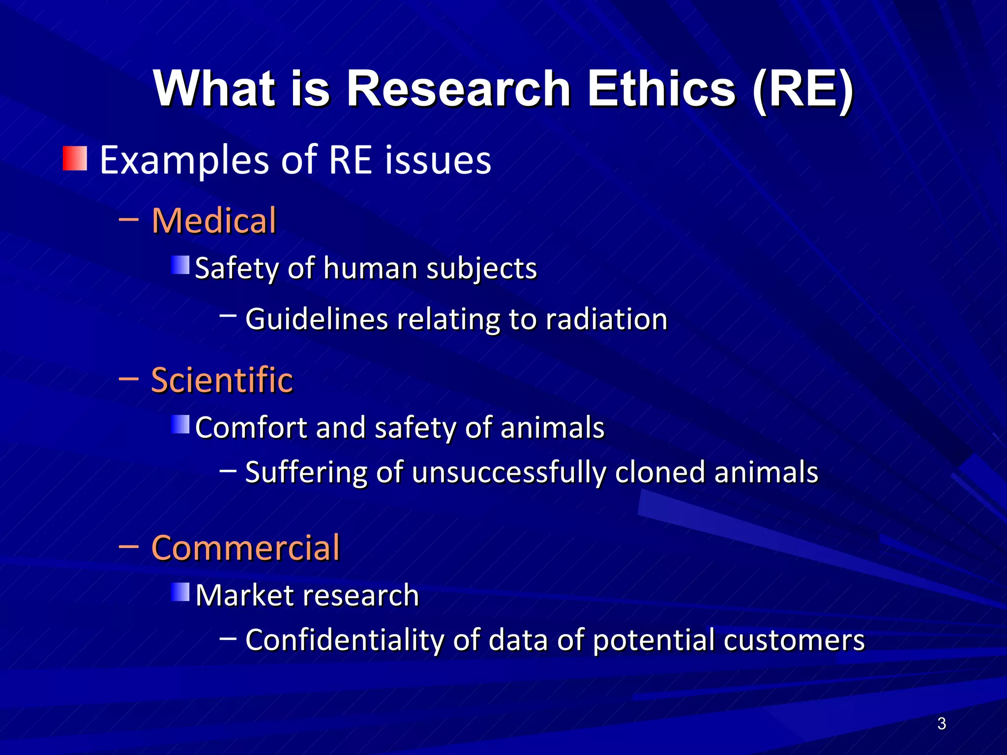 What is Research Ethics (RE) Examples of RE issues Medical Safety of human subjects Guidelines relating to radiation   Scientific Comfort and safety of animals Suffering of unsuccessfully cloned animals Commercial Market research Confidentiality of data of potential customers 