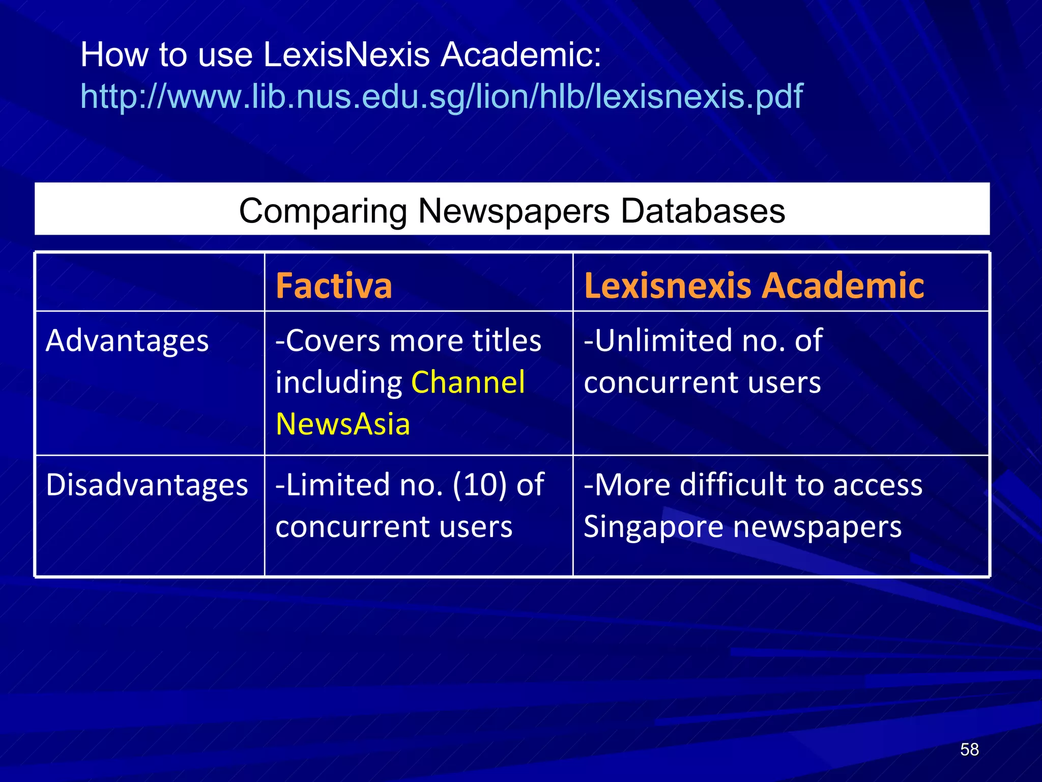 How to use LexisNexis Academic:  http://www.lib.nus.edu.sg/lion/hlb/lexisnexis.pdf   Comparing Newspapers Databases Factiva Lexisnexis Academic Advantages -Covers more titles including  Channel NewsAsia -Unlimited no. of concurrent users Disadvantages -Limited no. (10) of concurrent users -More difficult to access Singapore newspapers 