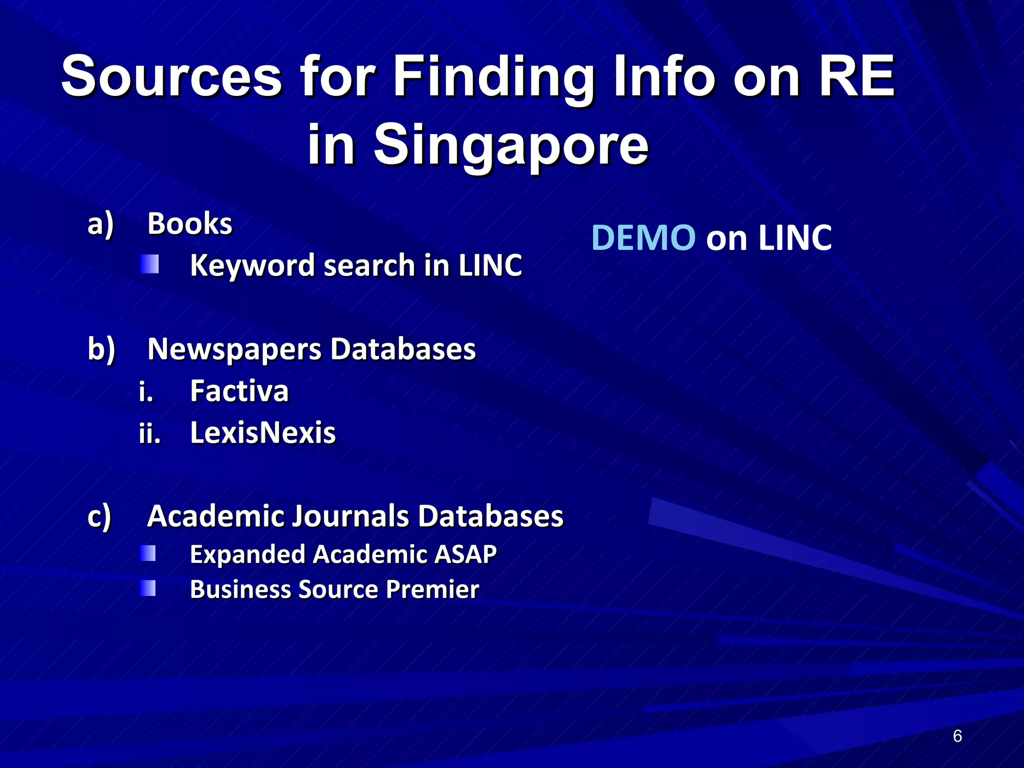 Books Keyword search in LINC Newspapers Databases Factiva LexisNexis Academic Journals Databases Expanded Academic ASAP Business Source Premier Sources for Finding Info on RE in Singapore DEMO  on LINC 