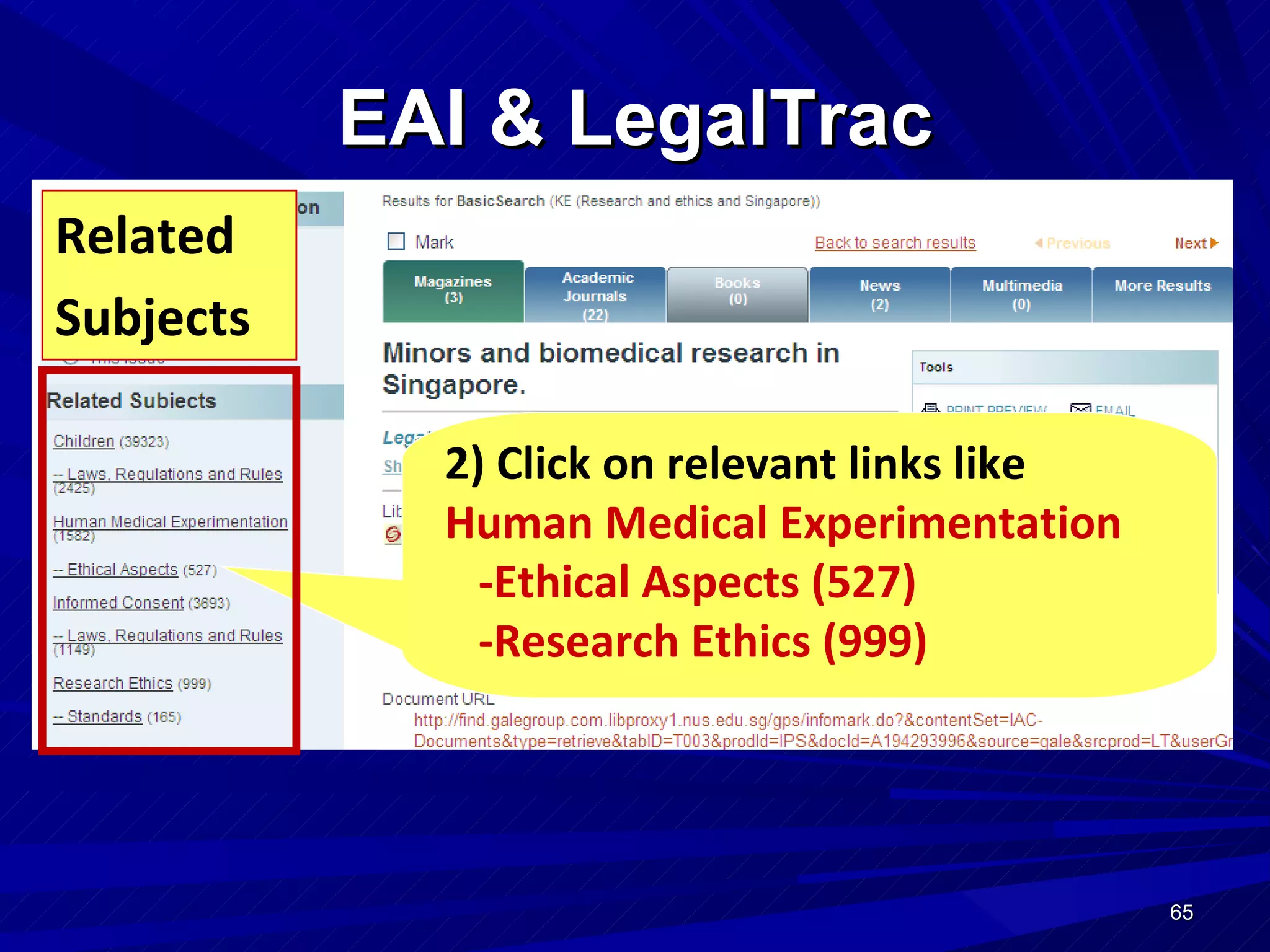 EAI & LegalTrac 2) Click on relevant links like Human Medical Experimentation   -Ethical Aspects (527) -Research Ethics (999) Related Subjects 