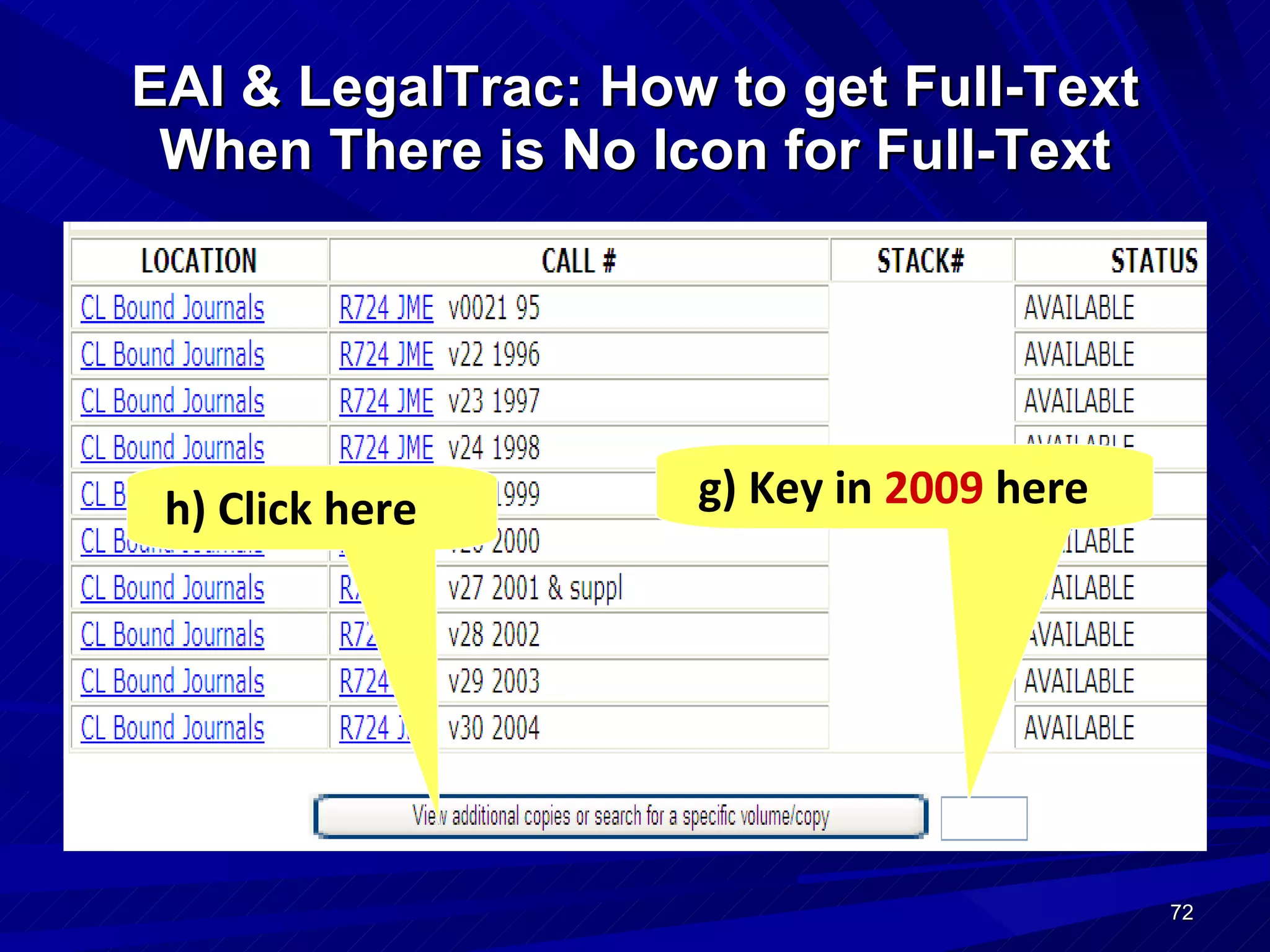 EAI & LegalTrac: How to get Full-Text When There is No Icon for Full-Text g) Key in  2009  here h) Click here 