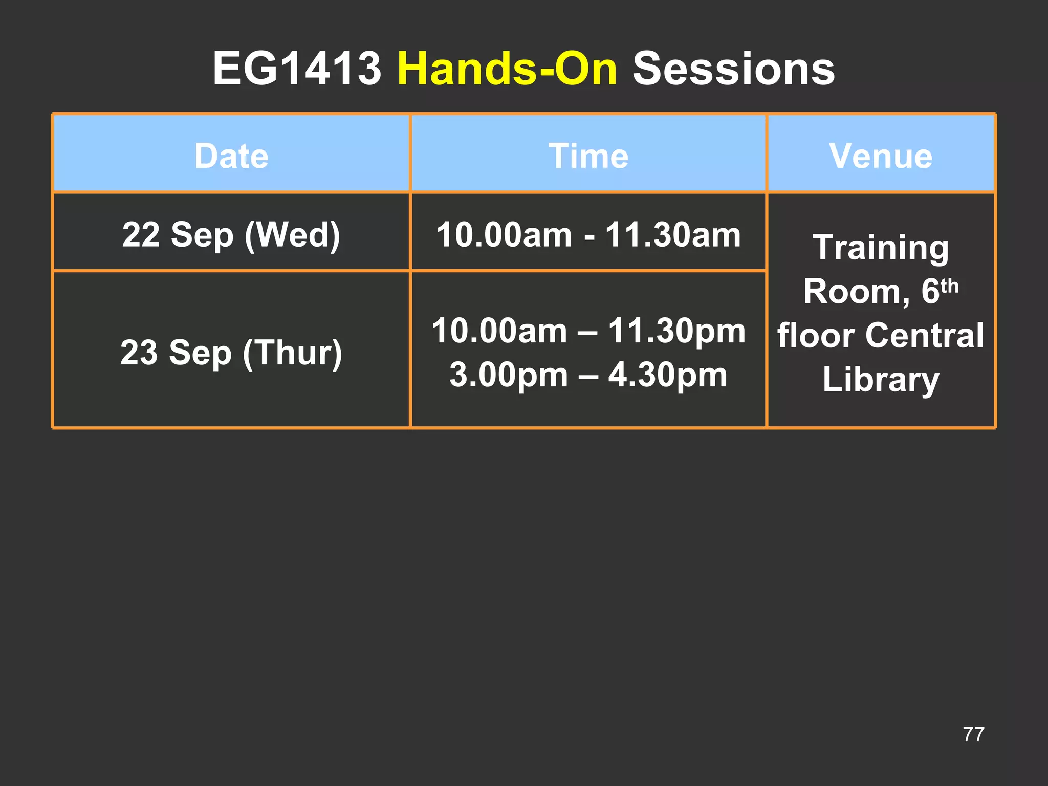 EG1413  Hands-On  Sessions Date Time Venue 22 Sep (Wed) 10.00am - 11.30am Training Room, 6 th  floor Central Library 23 Sep (Thur) 10.00am – 11.30pm 3.00pm – 4.30pm 