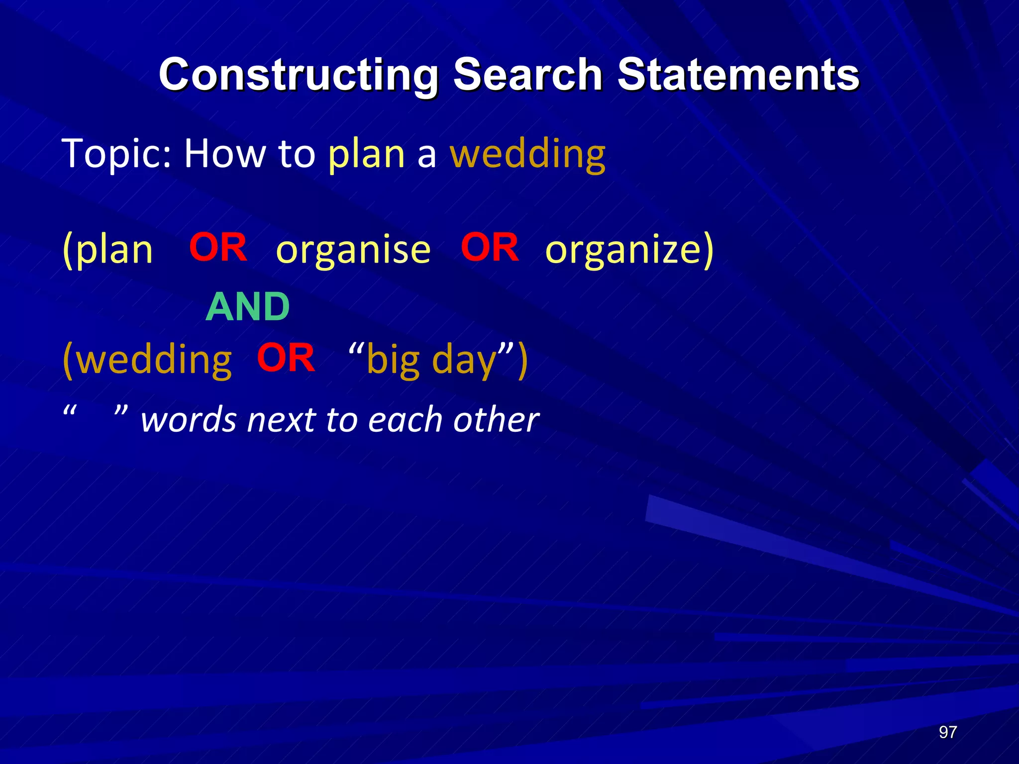 Constructing Search Statements Topic: How to   plan  a   wedding (plan   organi s e  organi z e) (wedding   “ big day ” )  “  ”  words next to each other OR   AND   OR   OR   