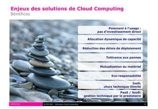 Enjeux des solutions de Cloud Computing
Bénéfices


                                                                    Paiement à l'usage :
                                                             pas d'investissement direct

                                                       Allocation dynamique de capacité


                                                     Réduction des délais de déploiement


                                                                   Tolérance aux pannes


                                                               Mutualisation du matériel


                                                                      Eco-responsabilité

                                                                                    IaaS:
                                                                 choix technique illimité

                                                                            PaaS / SaaS:
                                                     gestion technique par le prestataire

09/09/2010   ALTER WAY - Séminaire Cloud Computing                                          10
 