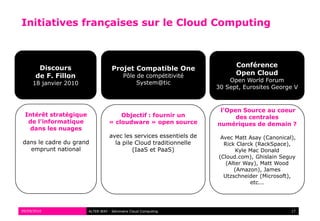 Initiatives françaises sur le Cloud Computing



        Discours                                                          Conférence
                                   Projet Compatible One
       de F. Fillon                      Pôle de compétitivité            Open Cloud
                                              System@tic                Open World Forum
     18 janvier 2010
                                                                    30 Sept, Eurosites George V



                                                                     l'Open Source au coeur
 Intérêt stratégique                 Objectif : fournir un                des centrales
  de l'informatique              « cloudware » open source          numériques de demain ?
  dans les nuages
                                  avec les services essentiels de    Avec Matt Asay (Canonical),
dans le cadre du grand              la pile Cloud traditionnelle      Rick Clarck (RackSpace),
  emprunt national                         (IaaS et PaaS)                  Kyle Mac Donald
                                                                    (Cloud.com), Ghislain Seguy
                                                                       (Alter Way), Matt Wood
                                                                          (Amazon), James
                                                                      Utzschneider (Microsoft),
                                                                                etc...




09/09/2010             ALTER WAY - Séminaire Cloud Computing                                  17
 