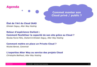 Agenda
                                                               Commet monter son
                                                               Cloud privé / public ?


État de l'Art du Cloud IAAS
Ghislain Seguy, Alter Way Hosting


Retour d'expérience Owlient :
Comment flexibiliser la capacité de son site grâce au Cloud ?
Nicolas Favre-Félix, Owlient & Ghislain Seguy, Alter Way Hosting


Comment mettre en place un Private Cloud ?
Nicolas Barcet, Canonical


L'expertise Alter Way au service des projets Cloud
Christophe Ballihaut, Alter Way Hosting



09/09/2010             ALTER WAY - Séminaire Cloud Computing                            34
 