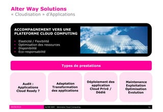 Alter Way Solutions
« Cloudisation » d’Applications


   ACCOMPAGNEMENT VERS UNE
   PLATEFORME CLOUD COMPUTING

       Elasticité / Flexibilité
       Optimisation des ressources
       Disponibilité
       Eco-responsabilité



                                          Types de prestations



                                                                 Déploiement des   Maintenance
          Audit :                Adaptation
                                                                   application     Exploitation
        Applications           Transformation
                                                                  Cloud Privé /    Optimisation
       Cloud Ready ?           des applications
                                                                      Dédié         Evolution


                                                                                                  52

09/09/2010               ALTER WAY - Séminaire Cloud Computing                                     52
 