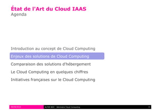 État de l'Art du Cloud IAAS
Agenda




Introduction au concept de Cloud Computing

Enjeux des solutions de Cloud Computing

Comparaison des solutions d'hébergement

Le Cloud Computing en quelques chiffres

Initiatives françaises sur le Cloud Computing




09/09/2010        ALTER WAY - Séminaire Cloud Computing   9
 