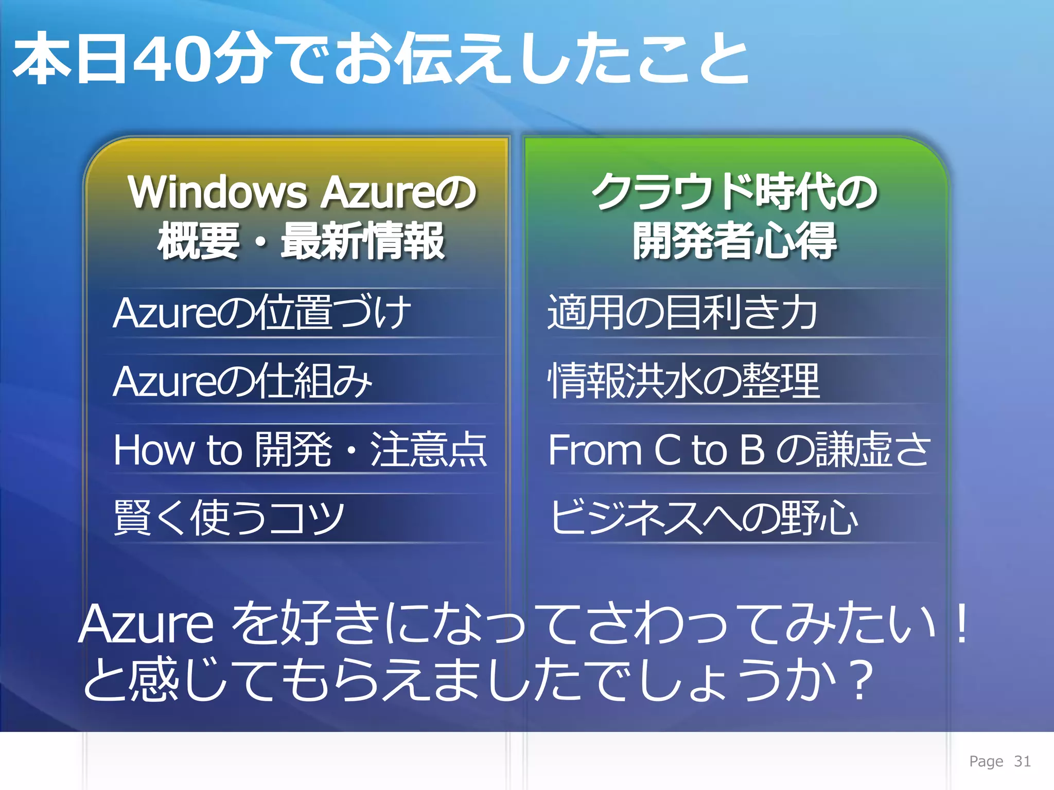 本日40分でお伝えしたこと



 Azureの位置づけ      適用の目利き力
 Azureの仕組み       情報洪水の整理
 How to 開発・注意点   From C to B の謙虚さ
 賢く使うコツ          ビジネスへの野心

 Azure を好きになってさわってみたい！
 と感じてもらえましたでしょうか？
                                    Page 31
 