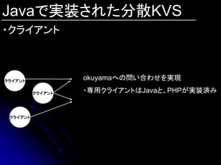 Javaで実装された分散KVS
・クライアント



クライアント
                   okuyamaへの問い合わせを実現

          クライアント   ・専用クライアントはJavaと、PHPが実装済み


 クライアント
 