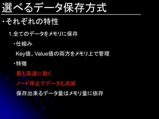 選べるデータ保存方式
・それぞれの特性
1.全てのデータをメモリに保存
 ・仕組み
 Key値、Value値の両方をメモリ上で管理
 ・特徴
  最も高速に動く
  ノード停止でデータも消滅
  保存出来るデータ量はメモリ量に依存
 