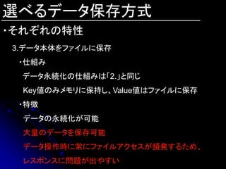 選べるデータ保存方式
・それぞれの特性
3.データ本体をファイルに保存
 ・仕組み
 データ永続化の仕組みは「2.」と同じ
  Key値のみメモリに保持し、Value値はファイルに保存
 ・特徴
  データの永続化が可能
  大量のデータを保存可能
  データ操作時に常にファイルアクセスが頻発するため、
  レスポンスに問題が出やすい
 