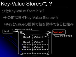 Key-Value Storeって？
分散Key-Value Storeとは?
>その前にまずKey-Value Storeから
 >KeyとValueの関係で値を保持できる仕組み
         “Key-1”のValueを取得
 Key-1
                                      Value-1
                                      “Value-1”が取得できる
                Key-1       Value-1
                Key-2       Value-2
                Key-3       Value-3
 