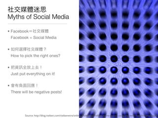Myths of Social Media

• Facebook
    Facebook = Social Media

•
    How to pick the right ones?

•
    Just put everything on it!

•
    There will be negative posts!




            Source: http://blog.nielsen.com/nielsenwire/online_mobile/six-million-more-seniors-using-the-web-than-ﬁve-years-ago/
 