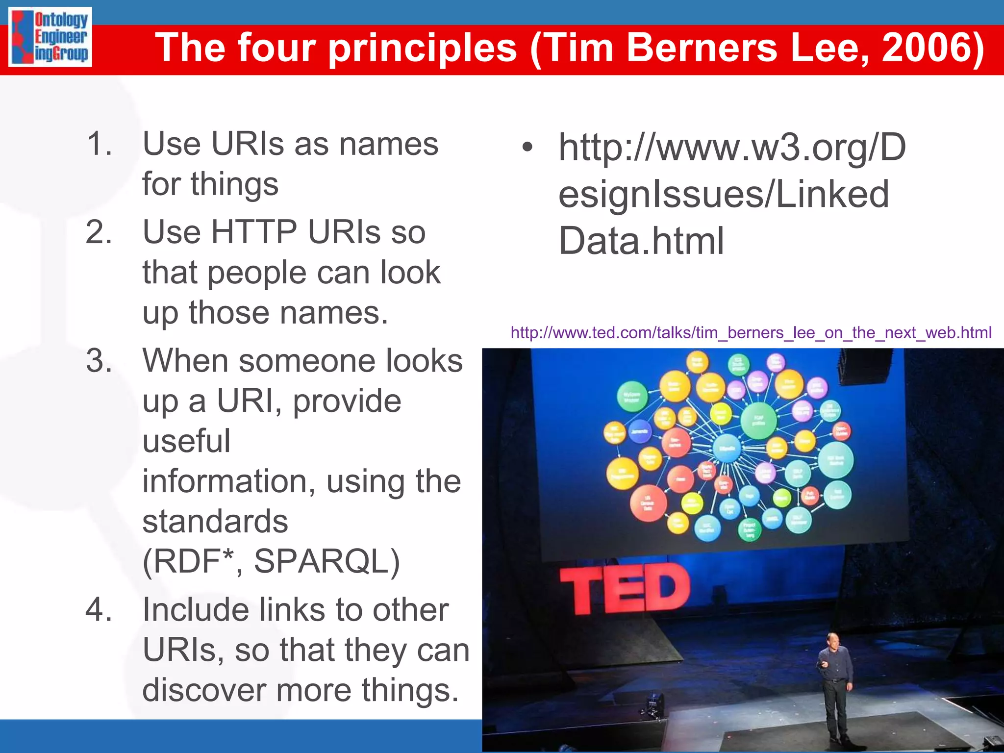 The fourprinciples (Tim Berners Lee, 2006)Use URIs as names for things Use HTTP URIs so that people can look up those names. When someone looks up a URI, provide useful information, using the standards (RDF*, SPARQL) Include links to other URIs, so that they can discover more things. http://www.w3.org/DesignIssues/LinkedData.html5http://www.ted.com/talks/tim_berners_lee_on_the_next_web.html