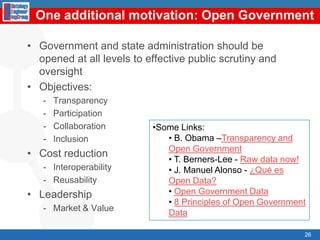 Which format do we use then?RDF (ResourceDescription Framework)Data modelBasedon triples: subject, predicate, object<Oscar> <vive en> <Madrid><Madrid> <es la capital de> <España><España> <es campeona de> <Mundial de Fútbol>…Serialised in differentformatsRDF/XML, RDFa, N3, Turtle, JSON…