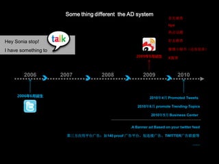 Some thing different the AD system
                                                                         首页推荐
                                                                         tips
                                                                         热点话题

Hey Sonia stop!                                                          好友推荐

I have something to                                                      微博小秘书（还有很多）
                                                      2009年8月诞生          X微博



        2006          2007          2008                  2009                  2010


     2006年6月诞生                                                2010年4月 Promoted Tweets

                                                       2010年6月 promote Trending-Topics

                                                               2010年5月 Business Center


                                                   .A Banner ad Based on your twitter feed

                        第三方应用平台广告：如140 proof 广告平台，短连接广告、TWITTER广告联盟等

                                                                                        ……



                                           Integral solution for Internet-word-of-mouth on social media
 