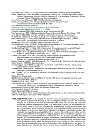 Ernst Haeckel (1834-1919), Zoologe, Philosoph und Freidenker, Darwinist, Abstammungslehre
Rudolf Steiner (1861-1925), Esoteriker und Philosoph, 1884 bis 1897, anfangs noch neben seinem
        Studium, Herausgabe naturwiss. Schriften Goethes, ab 1890 Mitarbeiter Goethe- und Schiller-
        Archivs in Weimar (Mitarbeit an sog. Sophienausgabe),
Ernst Freiherr von Wolzogen (1855-1934) Schriftsteller, Verlagslektor
Engelbert Humperdinck (1854 in Siegburg-1921), Komponist der Spätromantik,
        anl. der Tonkünstlerversammlung 31.5.-5.6.1893
Ernst Barlach(1870-1938) Bildhauer
Edgar Allan Poe (1809-1849) Juli 1894 Eintrag eines Spaßvogels
Franz Hoffmann-Fallersleben (1855-1927) 15.7.1895
Pablo de Sarasate (1844-1908), spanischer Geiger und Komponist 1897
Felix Weingartner (1863-1942) österreichischer Dirigent, Komponist, Pianist, Schriftsteller 1898
Lovis Corinth (1858-1925) einer der wichtigsten und einflußreichsten dt. Impressionisten
Paul Wilhelm Tübbecke (1848-1924), Maler ab 1874 in Weimar, Schüler v. Theodor Hagen;
Max Liebermann (1847-1935) Maler und Grafiker des deutschen Impressionismus. Ab 1868
        Besuch der Großherzoglich-Sächsischen Kunstschule in Weimar.
Max Klinger (1857-1920) Bildhauer, Maler und Grafiker Symbolist
Fritz Mackensen (1866-1953) Maler, Mitbegründer der Künstlerkolonie Worpswede, Professur an der
        Kunsthochschule Weimar, deren Direktor ab 1910
Carl Schüddekopf (1861-1917) ab 1896 in Weimar (zur Gründung des durch Harry Graf Kessler
        angeregten Allgemeinen Deutschen Künstlerbundes 1903 in Weimar)
Gustav Nagel (1874-1952) berühmter deutscher Sonderling und Wanderprediger des späten 19. und
        frühen 20. Jahrhunderts aus Arendsee am 30.1.1901
Camille Saint-Saens (1835- 1921) französischer Pianist, Organist, Musikwissenschaftler,
        Musik-pädagoge und Komponist) von Gustav Lassen eingeführt
        Politiker und Presseleute der Nationalversammlung 1919
Richard Engelmann (1868- 1966) Bildhauer ab 1913 in Weimar an der Hochschule für bildende Kunst
Walter Gropius (18831969), Bauhausdirektor
Theodor Hagen, Maler 1871 Berufung an GH Kunstschule , starb 1919 in Weimar , Impressionist,
        dessen Schüler Carl Lambrecht
Albert Brendel, Maler 1875 als Lehrer an die Großherzogliche Kunstschule berufen 1895 in Weimar
        gestorben , Weimarer Malerschule
Adolf Donndorf (1835-1916) Weimarer Bildhauer(1876 Übersiedlung nach Stuttgart) stiftet 1895 den
        Brunnen
Mitglieder der Staatskapelle
Otto Dorfner, Buchbindemeister ab 1910 durch Van de Velde an die Kunstgewerbeschule berufen
Arno Zauche (1875-1941), Bildhauer
Franz Huth (1876-1970), Maler
Ernst Neufert (1900-1986), Architekt, studierte an der Baugewerkeschule in Weimar, arbeitet im Büro
        von Gropius, 1926-30 Prof. an der Hochschule für Handwerk und Baukunst in Weimar
Alexander Olbricht (1876-1942), Maler der Weimarer Malerschule
Thilo Schoder (1888-1979), Architekt
Rudolf Zapfe (1860-1934), Architekt
Edward Munch (1863-1944), expressionistischer Maler porträtierte u.a. Graf Kessler, Friedrich Nietz-
sche und die Nietzsche Schwester Förster-Nietzsche.

1919 „Das Wilde Jahr“ In der Chronik des Künstlervereins von Albrecht von Heinemann findet
       man jedoch zu 1919 die Eintragung :“…und nun begann sehr bald auch für die Kunststadt
       Weimar und nicht minder für ihren Künstlerverein das „wilde Jahr“. Es sind die Zeiten des
       Bauhauses gewesen. Heute ist man bereit, über diese Tage zu lachen, als die seltsamen Ver-
       künder einer „neuen richtung des künstlerischen kollektivismus“ in Weimar herumliefen und
       den ruhigen Bürger schreckten durch den Anblick ihrer ungepflegten Leiblichkeit, durch nächt-
       liches Baden in der Ilm und durch allerlei Rüpeleien, die besser verschwiegen werden. Da-
       mals aber war das alles keineswegs lächerlich zu nehmen. Denn leider beschränkten sich die
       „Bauhäusler“ nicht darauf, ihren großen Heiligen „Dada“ in ihren vier Pfählen anzubeten und
       ihm die kärglichen „sacrificia intellectuss“ in Form von sinn- und zwecklos erdachten „Material-
       studien“ aus Konservenbüchsen, Hufnägeln, Strohhalmen, Streichholzschachteln, Schnürsen-
       keln und sonstigen Haus- und Küchenabfällen nur dort darzubringen,wo sie mit diesem Unfug
       unter sich waren und also weiter keinen Schaden anrichten konnten, sondern drangen sogar
       in die Räume des Künstlervereins ein und versuchten hier mit viel Geschrei und wenig An-
       stand darzutun, nun seien sie die Herren, und mit ihnen sei das Himmelreich auf Erden ge-
 