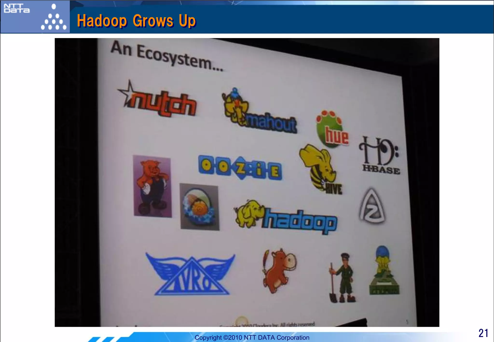 Hadoop Grows Up




              Copyright ©2010 NTT DATA Corporation   21
 
