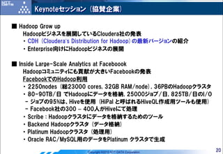 Keynoteセッション (協賛企業)

■ Hadoop Grow up
   Hadoopビジネスを展開しているCloudera社の発表
   ・ CDH (Cloudera’s Distribution for Hadoop)の最新バージョンの紹介
   ・ Enterprise向けにHadoopビジネスの展開

■ Inside Large-Scale Analytics at Faceboook
    Hadoopコミュニティにも貢献が大きいFacebookの発表
    FacebookでのHadoop利用
    ・ 2250nodes (総23000 cores, 32GB RAM/node), 36PBのHadoopクラスタ
    ・ 80-90TB/日 でHadoopにデータを格納, 25000ジョブ/日, 825TB/日のI/O
     - ジョブの95%は、Hiveを使用 (HiPal と呼ばれるHiveQL作成用ツールも使用)
     - Facebook社の300 – 400人がHiveにて処理
    ・ Scribe : Hadoopクラスタにデータを格納するためのツール
    ・ Backend Hadoopクラスタ (データ格納)
    ・ Platinum Hadoopクラスタ (処理用)
    ・ Oracle RAC/MySQL用のデータをPlatinum クラスタで生成

                        Copyright ©2010 NTT DATA Corporation     20
 