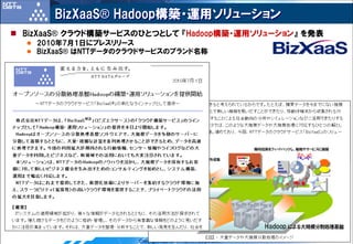 BizXaaS® Hadoop構築・運用ソリューション
BizXaaS® クラウド構築サービスのひとつとして 『Hadoop構築・運用ソリューション』 を発表
  2010年7月1日にプレスリリース
  BizXaaS® はNTTデータのクラウドサービスのブランド名称




                     Copyright ©2010 NTT DATA Corporation   5
 