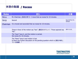 休憩の動議 / Recess

 Roles                                         流れ                                       注意
TM A       Mr. Chairman. (指名を待つ）I move that we recess for 10 minutes.

TM B       Second                                                                    Secondがなけれ
                                                                                     ばDead

Chairman   It is moved and seconded that we recess for 10 minutes.


           Those in favor of the motion say “Aye”. (書記のカウント）Those opposed say        挙手でも可。
           “No”.
           The “Ayes” have it, and the motion is carried.
           We recess for 10 minutes.
           The “Noes” have it and motion is lost.
           Is there any further discussion on the pending question which is (現在中断し
           ている動議）.”




                                                                                             22
 