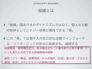 CONCEPT MAKING

            組織とは


「組織」論ありきのダイナミズムではなく、個人の力動
の総体としてシナジー効果が期待できる「場」

この「場」では個々人の自立的な活動でインフォーマ
ル・リーダーシップが存分に発揮され、展開する
組織構造、雇用構造変化、経済構造変化（大量生産から質の重視）と
いった変化に対応できる組織理論の理解

線形（ツリー構造、因果関係）から非線形（対話、揺らぎ・プロセス
重視、統合）ダイナミクスへの発想の変換
 