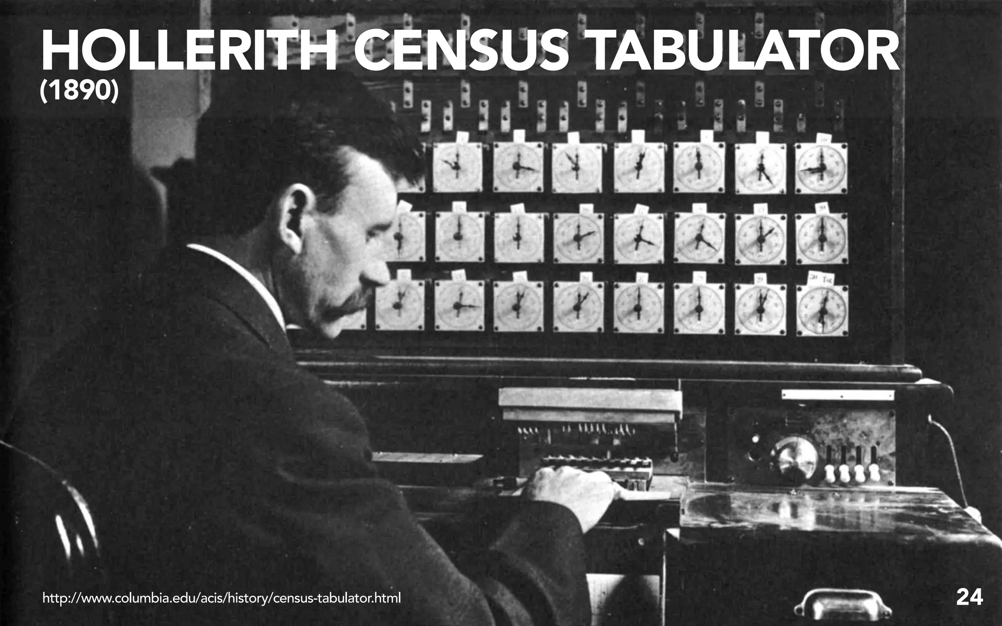 HOLLERITH CENSUS TABULATOR
(1890)




http://www.columbia.edu/acis/history/census-tabulator.html   24
 