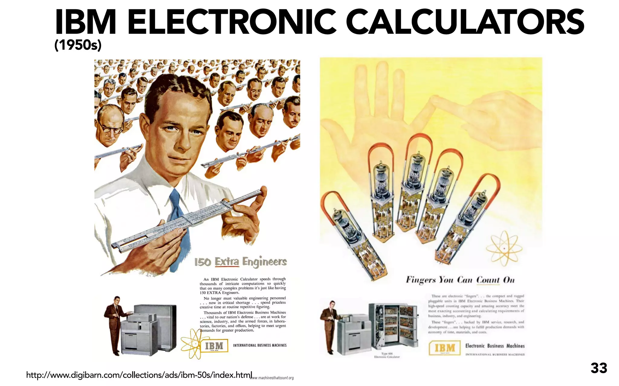IBM ELECTRONIC CALCULATORS
       (1950s)




http://www.digibarn.com/collections/ads/ibm-50s/index.html
                                                             33
 