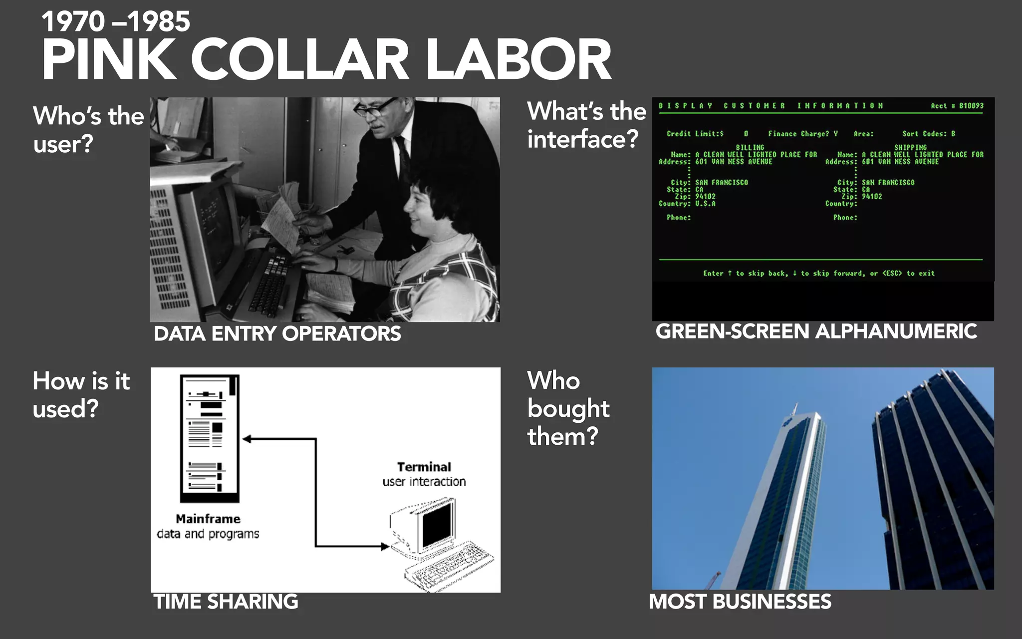 1970 –1985
PINK COLLAR LABOR
Who’s the                          What’s the
user?                              interface?




            DATA ENTRY OPERATORS                GREEN-SCREEN ALPHANUMERIC

How is it                          Who
used?                              bought
                                   them?




            TIME SHARING                        MOST BUSINESSES
 