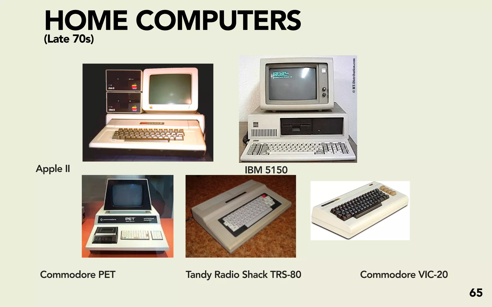 HOME COMPUTERS
 (Late 70s)




Apple II                     IBM 5150




 Commodore PET   Tandy Radio Shack TRS-80   Commodore VIC-20
                                                               65
 