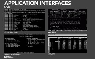 APPLICATION INTERFACES
(70s)




Command Line         WordStar




Hierarchical Menus   VisiCalc
 