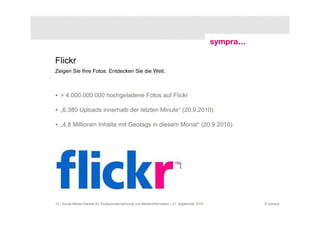 Flickr
Zeigen Sie Ihre Fotos. Entdecken Sie die Welt.



• > 4.000.000.000 hochgeladene Fotos auf Flickr

• „6.380 Uploads innerhalb der letzten Minute“ (20.9.2010)

• „4,8 Millionen Inhalte mit Geotags in diesem Monat“ (20.9.2010)




12 | Social-Media-Dienste für Studierendenwerbung und Medieninformation | 21. September 2010   © sympra
 