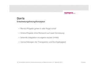 Don‘ts
Entscheidungsfindung/Konzeption


   • Me-too-Projekte gehen in aller Regel schief

   • Online-Projekte ohne Rücksicht auf reale Vernetzung

   • fehlende Integration ins eigene soziale Umfeld

   • Vernachlässigen der Transparenz und Durchgängigkeit




38 | Social-Media-Dienste für Studierendenwerbung und Medieninformation | 21. September 2010   © sympra
 