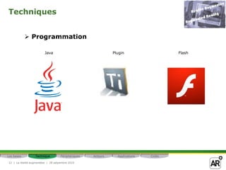 Techniques


             Programmation

                         Java                                 Plugin                   Flash




Les bases         Technique         Périphériques   Acteurs     Applications   Coûts

12 | La réalité augmentéee | 28 setpembre 2010
 