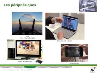 La réalité augmentéee  |  28 setpembre 20108Techniques Les marqueursHéritage VirtuelLes basesTechniquePériphériquesActeursApplicationsCoûts