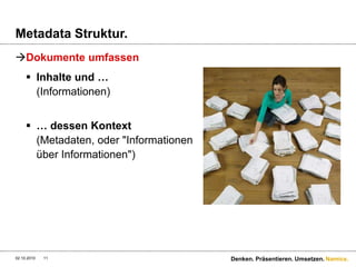 Filestruktur.Das Design einer Dokumentenmanagementstruktur bietet einen Kontext um Dokumente im System zu speichernZum Beispiel, indem man eine Rechnung an einen Ordner namens «Rechnungen» ablegt …… in einem höheren Ordner namens «Konten»Das Dokument kann durch den Dateipfad und entsprechende Suchkriterien aufgefunden werden28.09.2010Denken. Präsentieren. Umsetzen.10