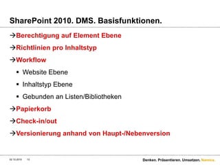 SharePoint Basis Funktionalitäten.28.09.201012Denken. Präsentieren. Umsetzen.