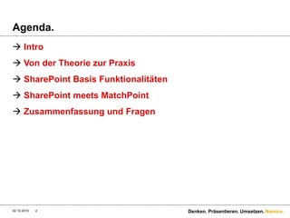 Agenda.IntroVon der Theorie zur PraxisSharePoint Basis FunktionalitätenSharePoint meetsMatchPointZusammenfassung und Fragen28.09.2010Denken. Präsentieren. Umsetzen.2