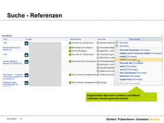 Suche - Referenzen28.09.2010Denken. Präsentieren. Umsetzen.30Suchergebnis in Listenform