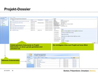 Kundendossier28.09.2010Denken. Präsentieren. Umsetzen.34Filter/Suche (aktive/inaktive Projekte)Die wichtigsten Infos zum Kunden auf einen Blick…Kunden übergreifende Dokumente(z.B.Key-Account-Massnahmen;Organigramme; Rahmenverträge etc.)