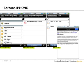 Screens iPAD28.09.2010Denken. Präsentieren. Umsetzen.38Kunde / ProjekteProjekte -> DokumenteProjekte -> Wiki-ContentProjekte -> Kontakte