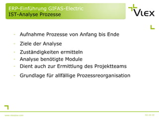 ERP-Einführung GIFAS-Electric  IST-Analyse Prozesse Aufnahme Prozesse von Anfang bis Ende Ziele der Analyse Zuständigkeiten ermitteln Analyse benötigte Module Dient auch zur Ermittlung des Projektteams Grundlage für allfällige Prozessreorganisation 02.10.10 www.vlexplus.com 
